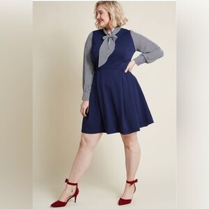Modcloth Smack Parlour Navy Blue 1950's Inspired Retro Fit & Flare Dress Sz XL
